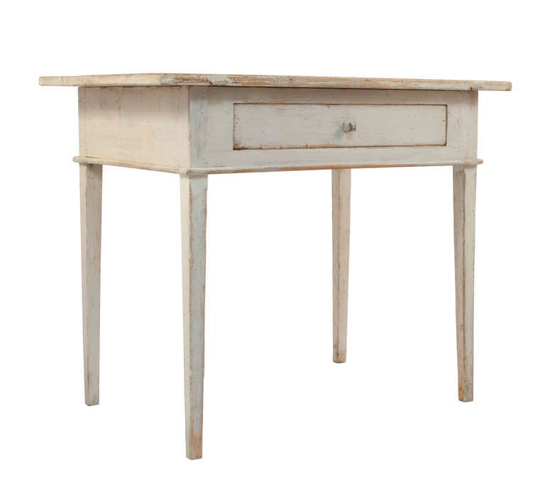 Gustavian side table with one drawer in a pale grey patina.