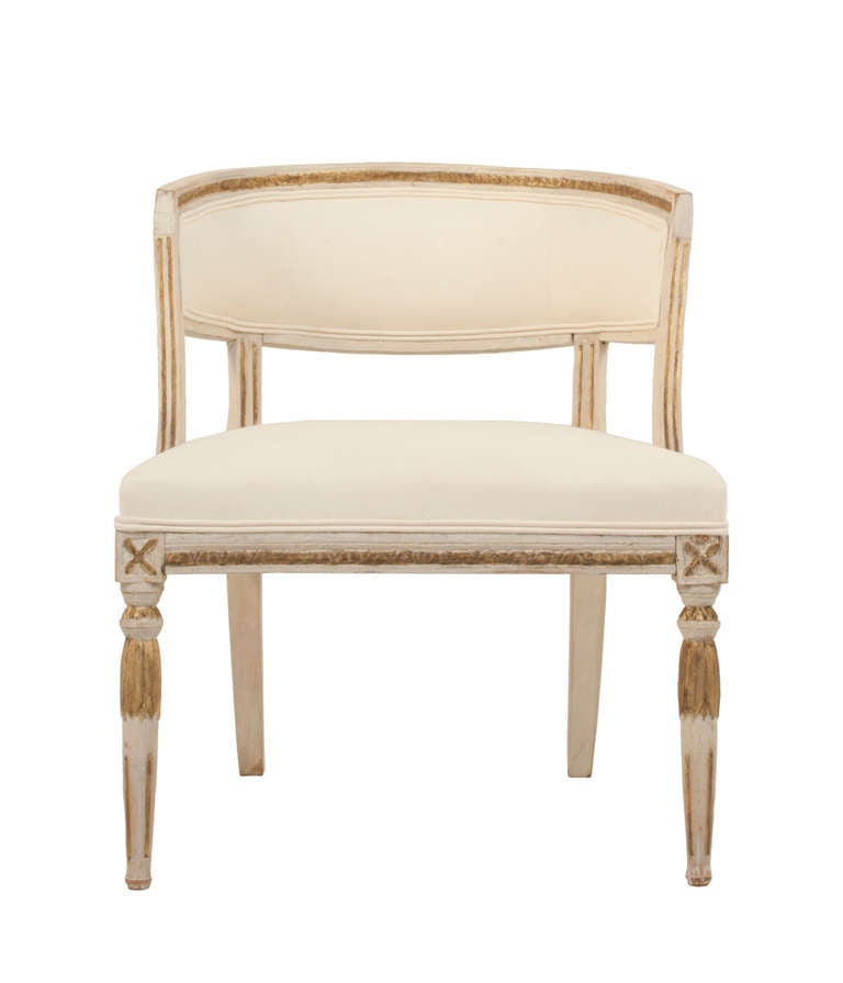Set of 4 Gustavian Balj Chairs in a worn pale grey and gilded patina.