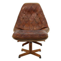 Leather and Suede Swivel Chair with Foot Stool