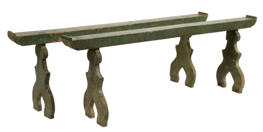 Pair of Green Rococo Church Benches.