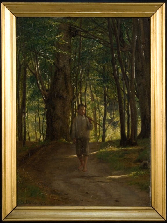 Painting of a young boy going for a walk down a narrow road in the forrest by Danish artist Carl Bloch.