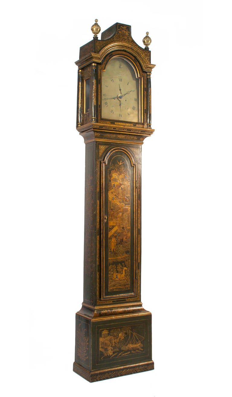 Georgian grandfather clock with chinoiserie by James Evans.