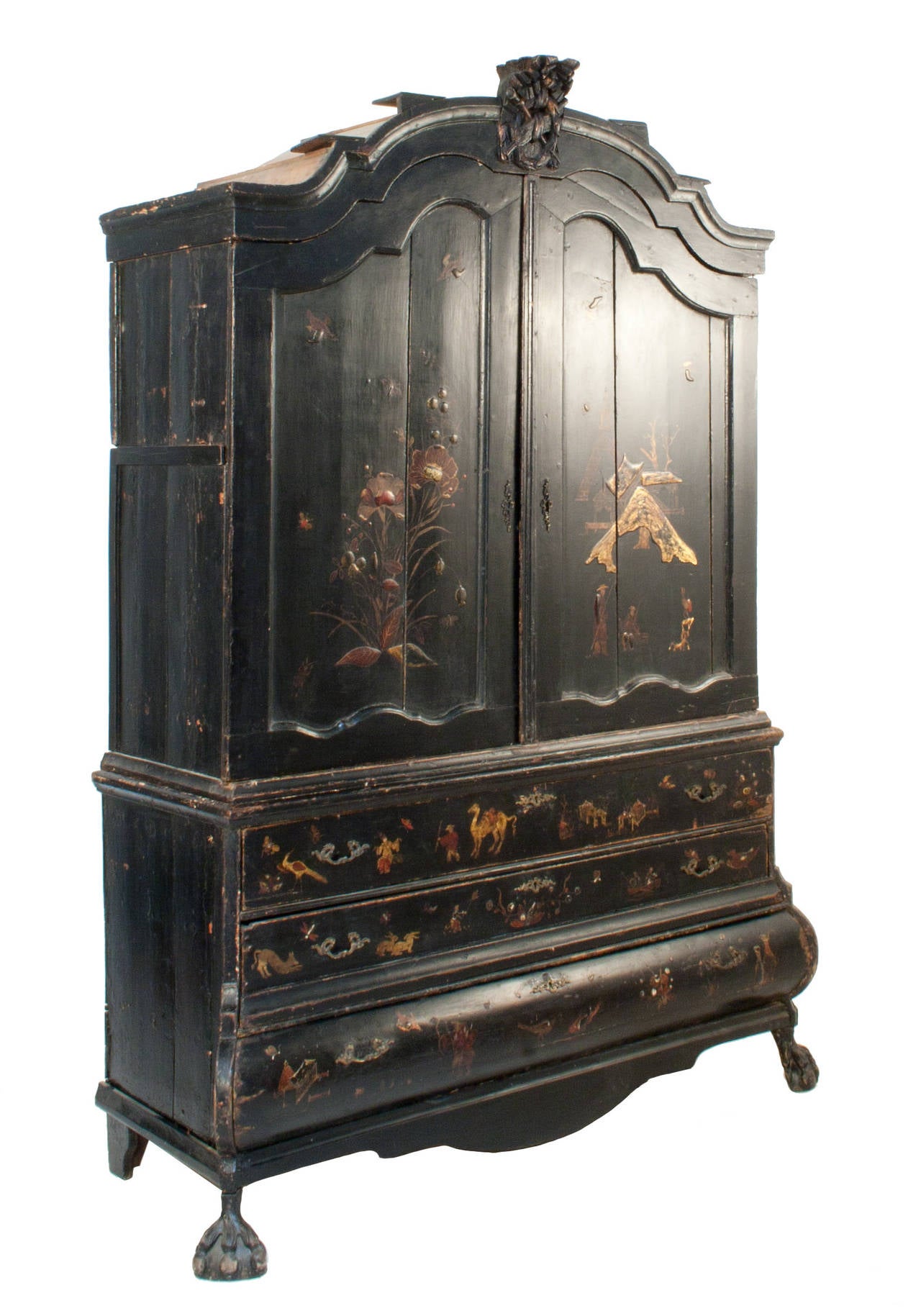 Ebonized Baroque cabinet with chinoiserie. This piece is one of the early examples in Sweden of the new found influence from the orient. Extremely rare and created around the time the Chinese Pavilion was built on the grounds of the Swedish Royal