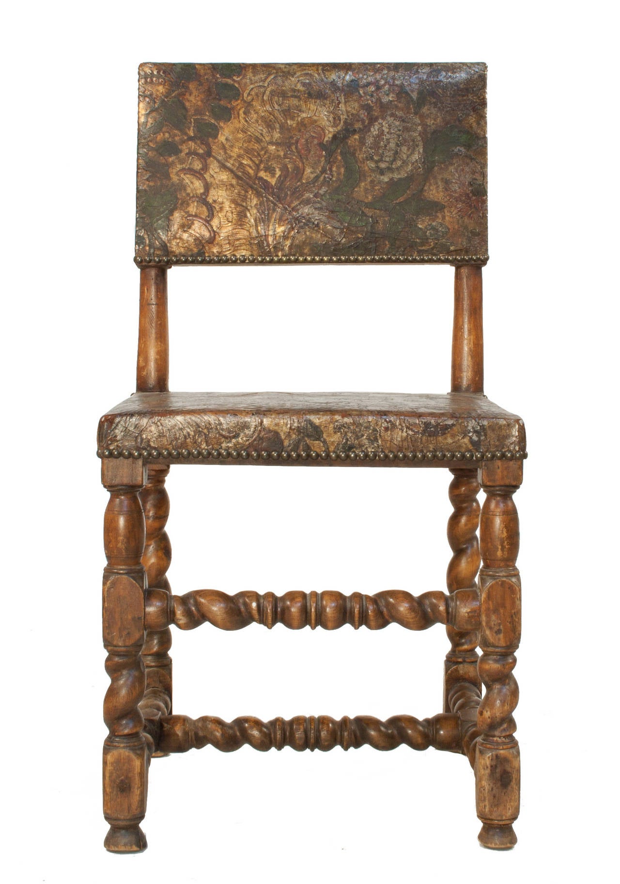 Set of 6 Baroque style Side Chairs with embosed leather.