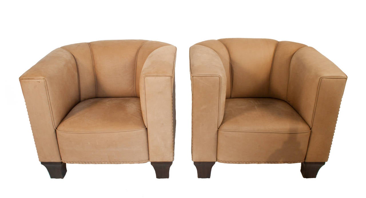 Pair of nubuck leather Club Chairs for Palais Stoclet by Josef Hoffmann.