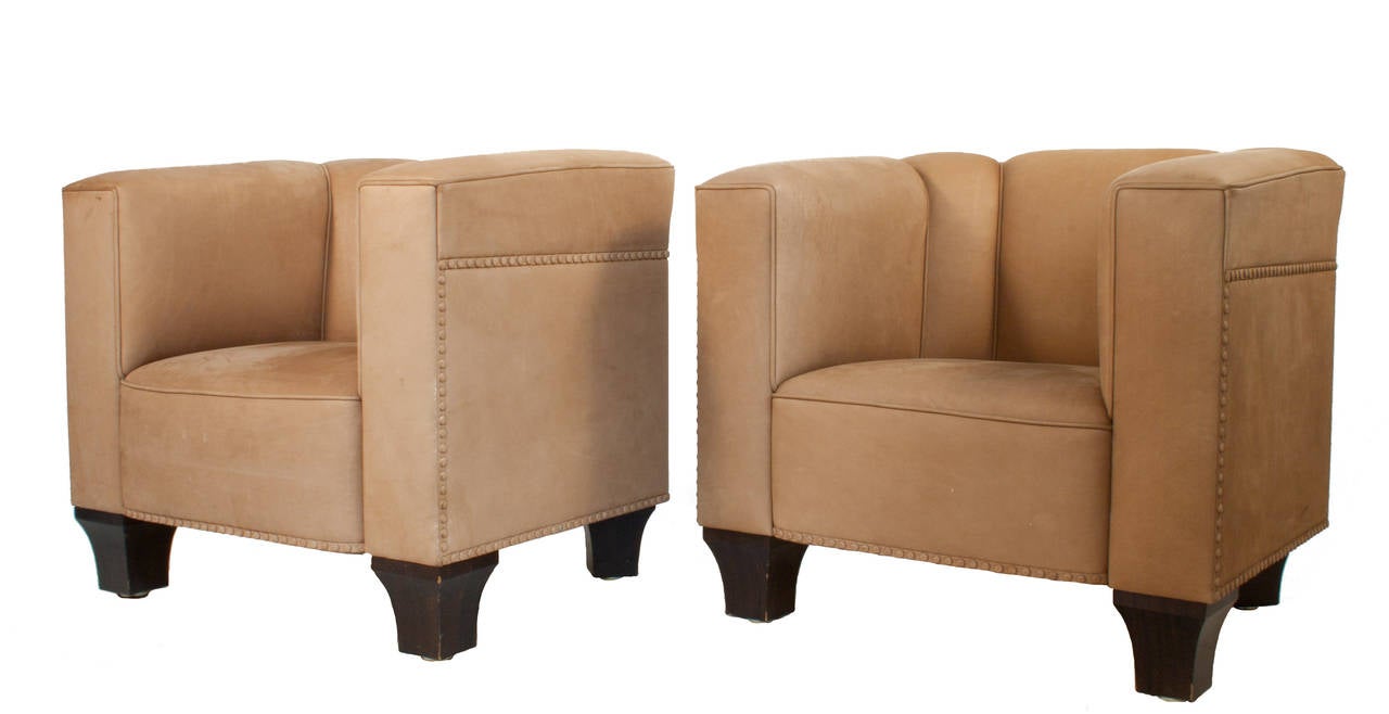 Austrian Pair of Leather Club Chairs by Josef Hoffmann For Sale