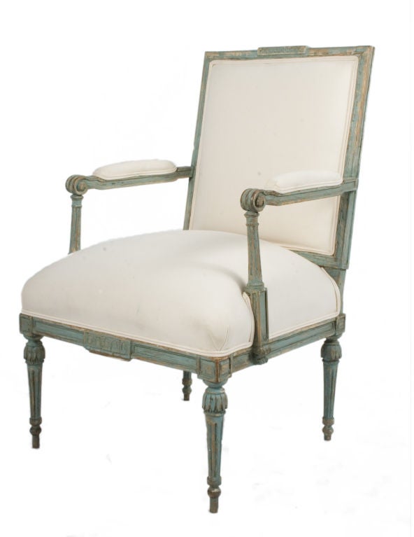 Gustavian Lounge Chair in a pale blue patina.