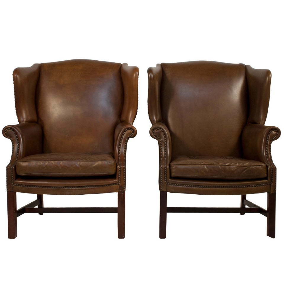 Pair of Leather Wingback Chairs For Sale