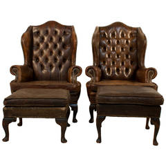 Pair of Leather Wingback Chairs with Stools