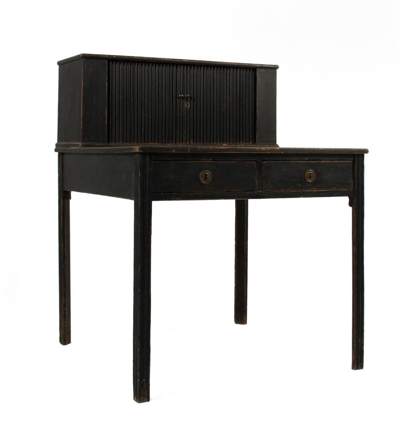 Gustavian desk with two drawers, leather top and another compartment on top with sliding doors. It's signed CLB for Carl Lindborg who was Stockholm Master during the late 1700s.