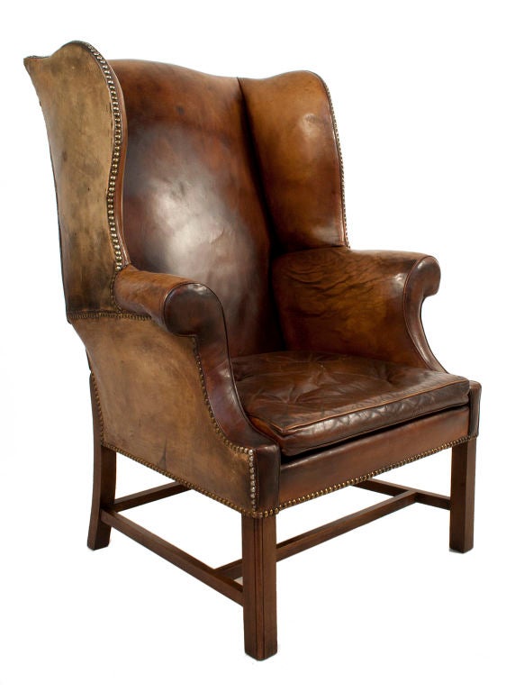 Dark Green Leather Wingback Chair.