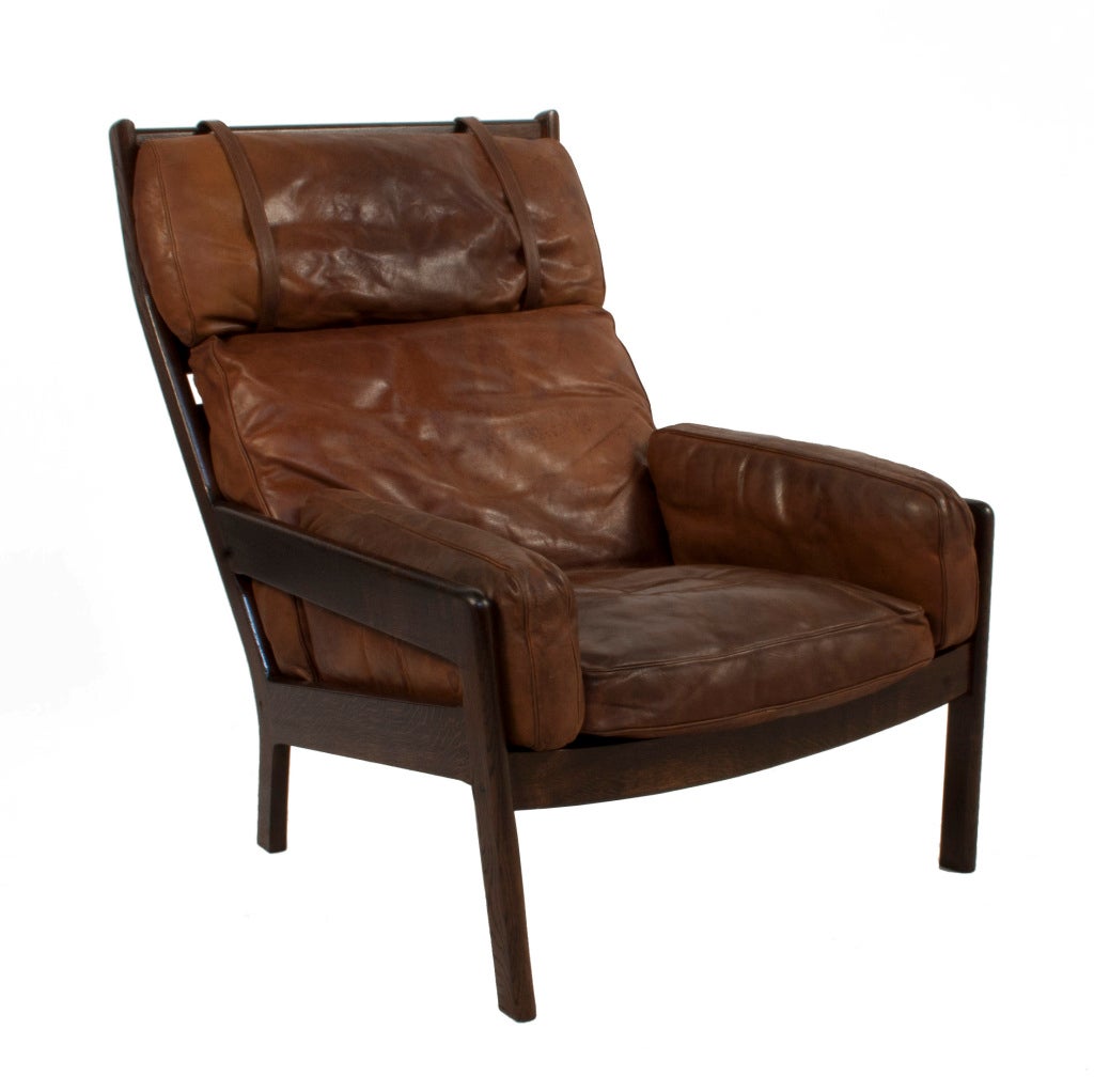 Leather Lounge Chair in a worn dark brown patina.