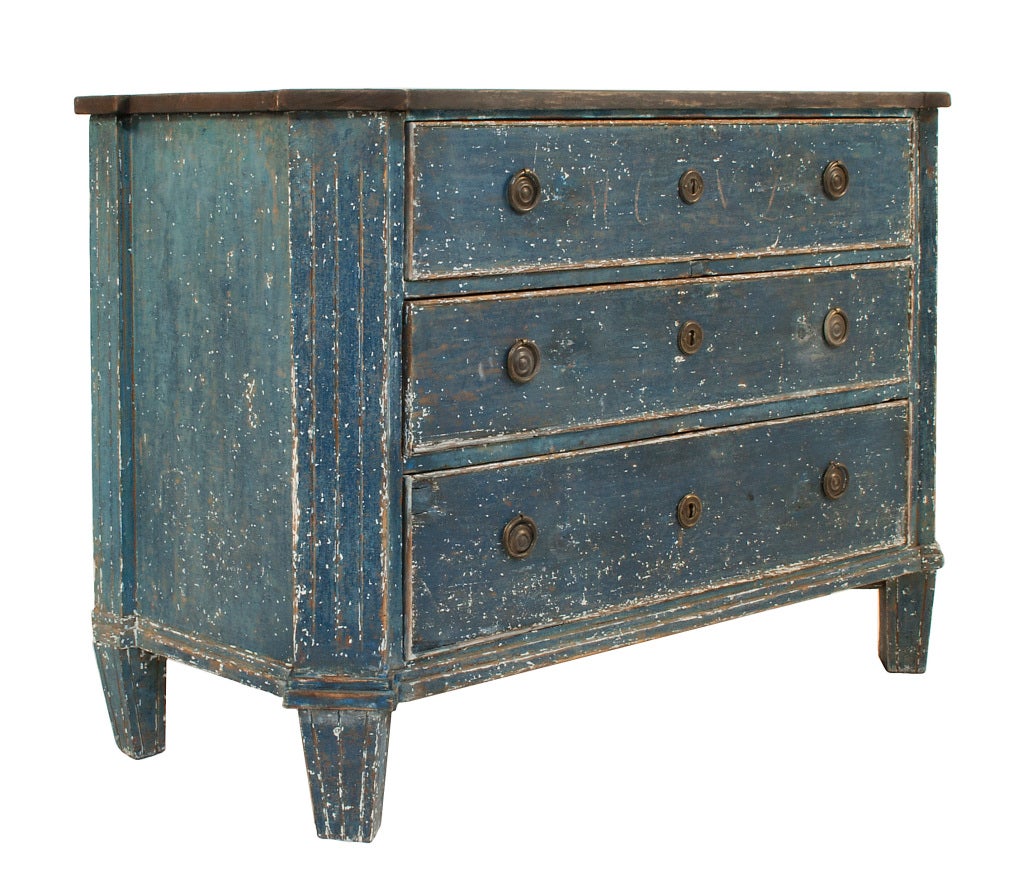 Three drawer Gustavian Chest in a worn black and blue patina.