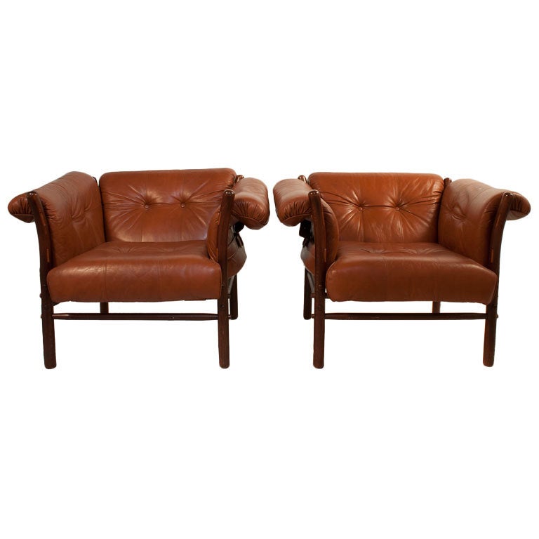 Pair of Leather  Lounge Chairs by Arne Norell. For Sale