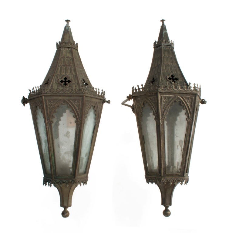 Pair of Neo-Gothic Lanterns in glass and metal.