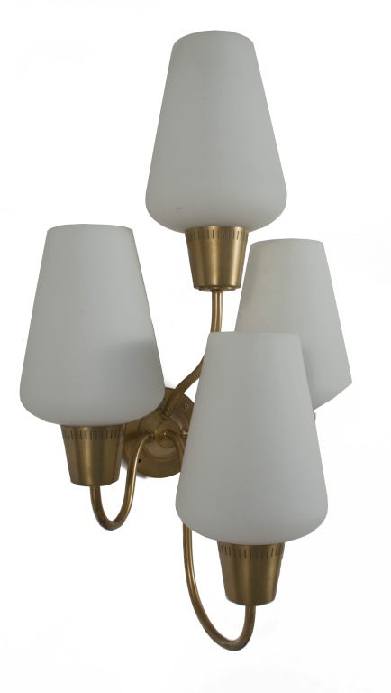 Pair of Wall Scounces in brass and opaque glass.