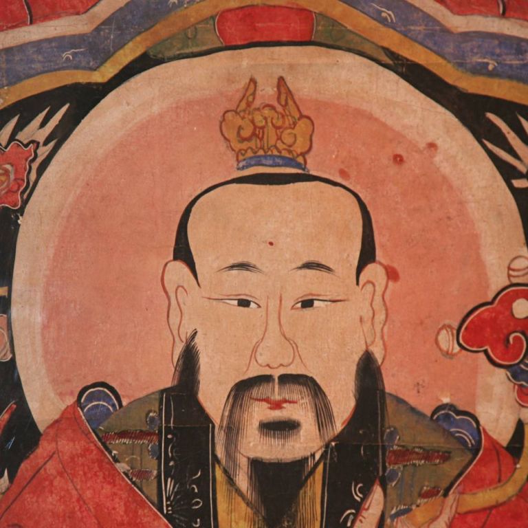 This exceptionally well preserved painting shows both the abundance and elegance of 18th century religious art in China. The central figure is a depiction of Ling-pao T’ien-tsun or the “Heavenly Worthy of the Sacred Jewel.” Ling Pu (as he is more