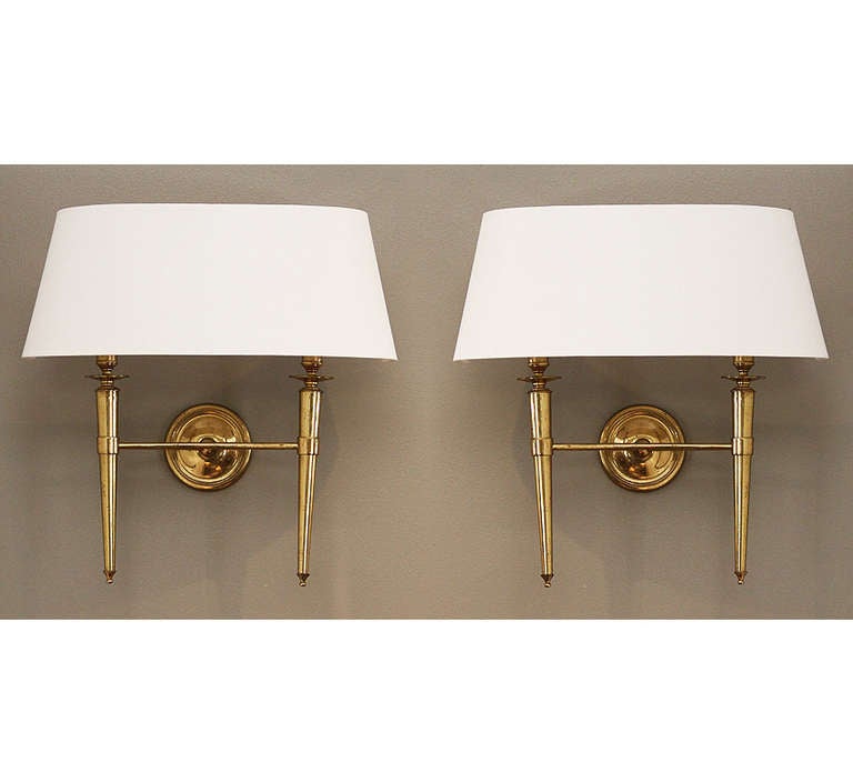 French Prince de Galles Hotel: Elegant 1940 Pair of Brass Sconces