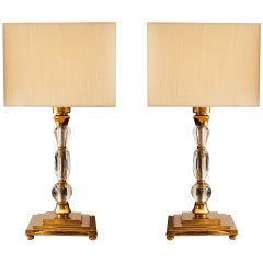  Pair of 1930 Bronze and Crystal Lamps from Prince de Galles Hotel