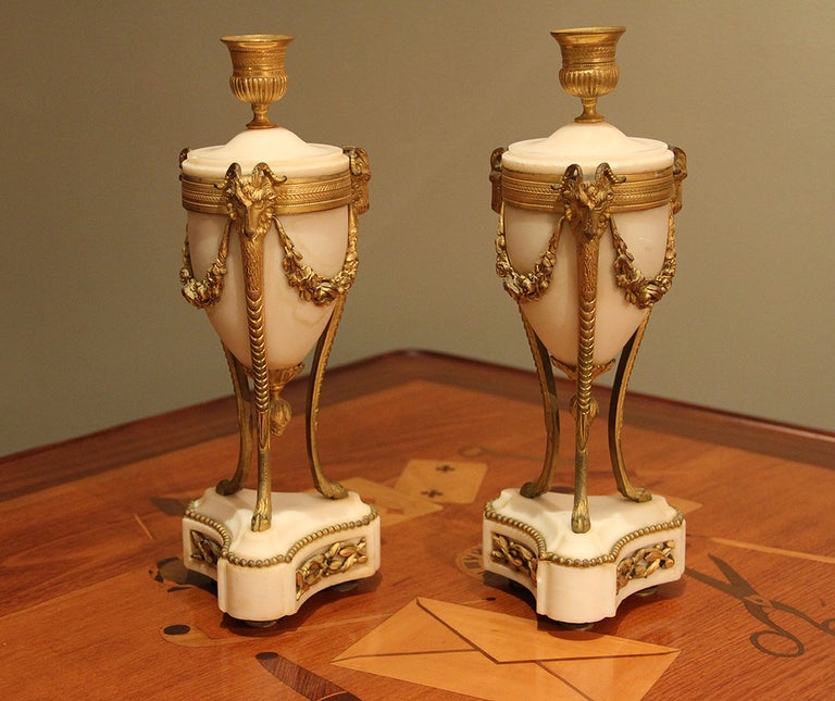 Napoleon III Pair of Gilt Bronze and Alabaster Cassolettes In Excellent Condition In Encino, CA