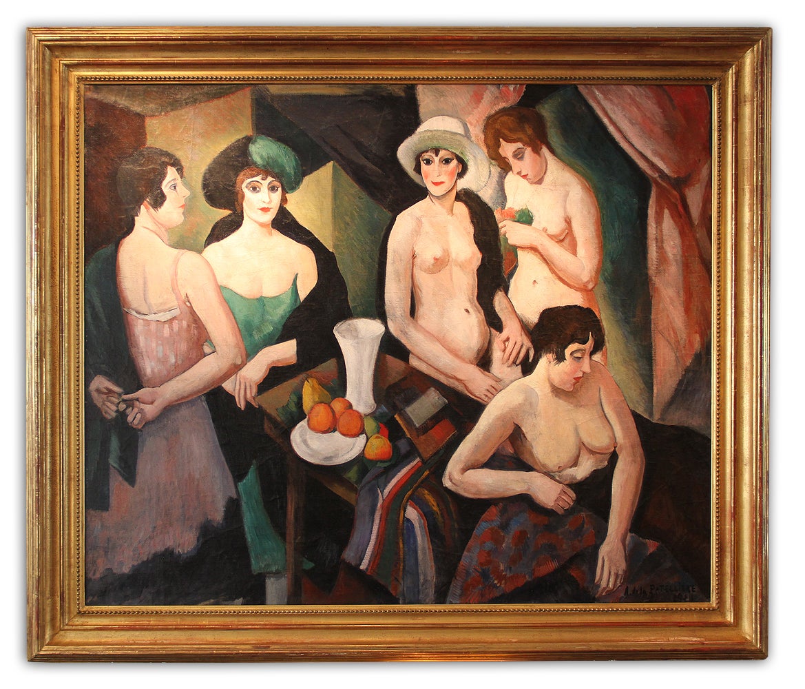 Museum Quality, c.1921 Early Art Deco Masterpiece Painting "Reunion de Femmes"