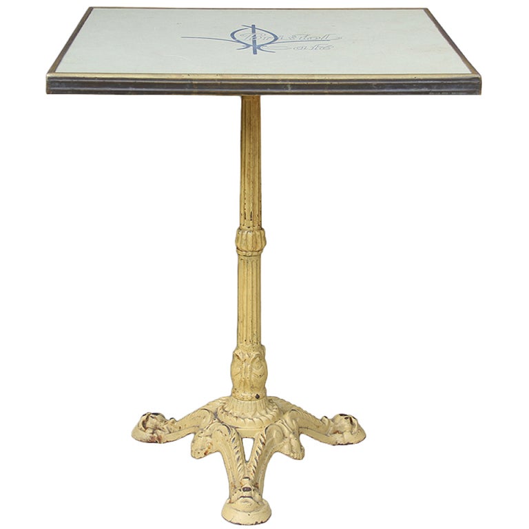 Set of six extremely rare Parisian cafe bistro tables from a very popular Brasserie in Paris.
Each bistro table is accompanied with a brass framed square top stamped "BRISTOL CAFE."
The bases are originally finished in a very beautiful