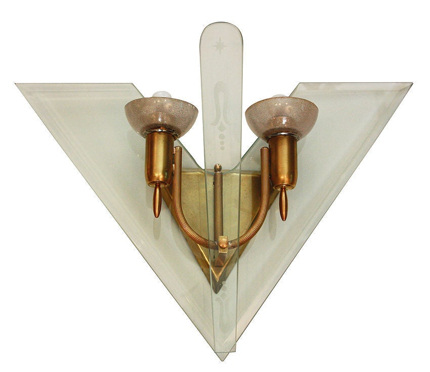 Pair of triangular glass and brass sconces affixed to glass plates.

2 lights with frosted colored glass shades by Veronese.

H: 15