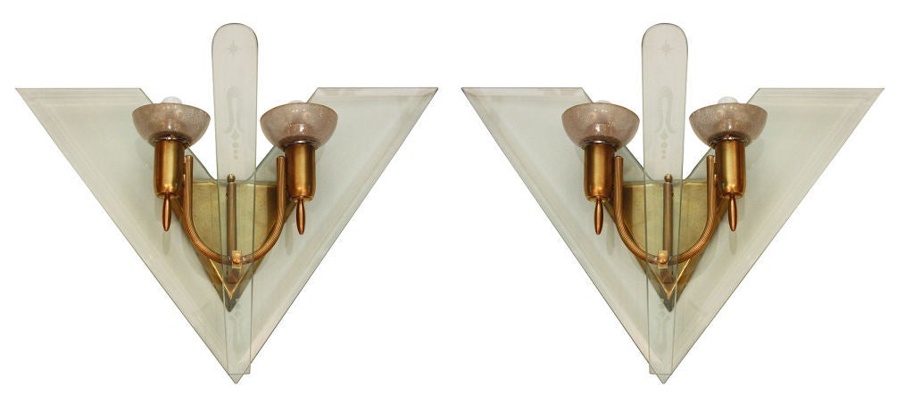 Italian Pair of Glass and Brass Sconces 1950