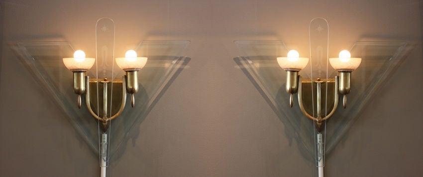 Pair of Glass and Brass Sconces 1950 1