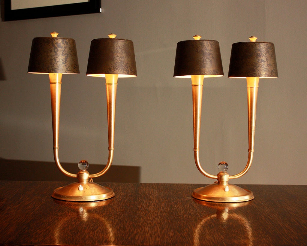 GENET & MICHON: Exceptional Pair of Art Deco Bronze Lamps, 1940 2