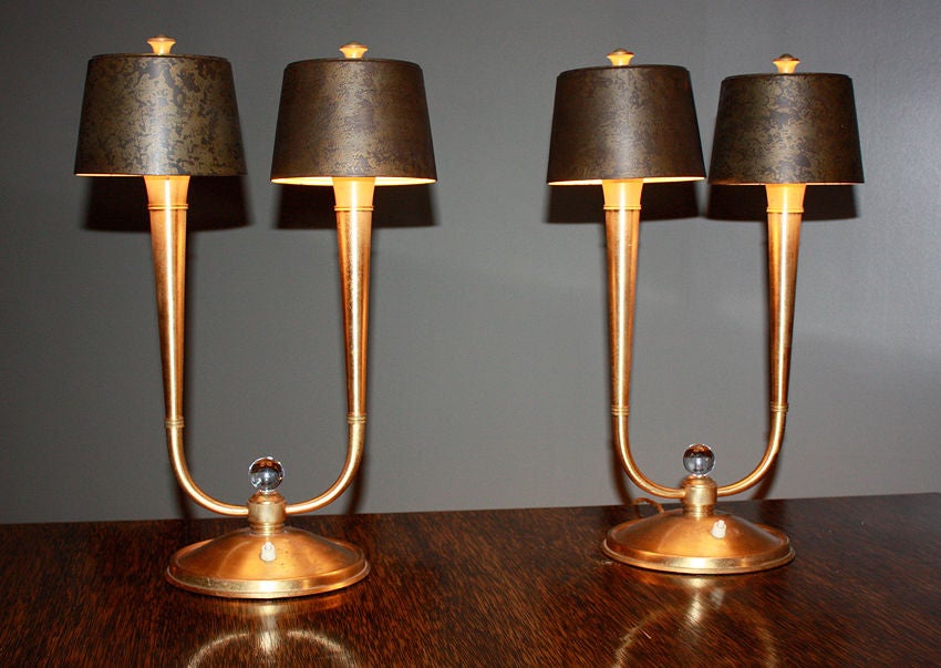 French GENET & MICHON: Exceptional Pair of Art Deco Bronze Lamps, 1940