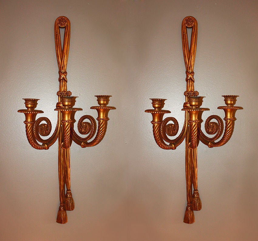Maison BAGUES<br />
<br />
Important and authentic XIXth century ( Napoleon III ) pair of gilt Bronze wall candle Sconces with 3 light holders a piece.<br />
<br />
Dimensions:<br />
Height:  30 1/4