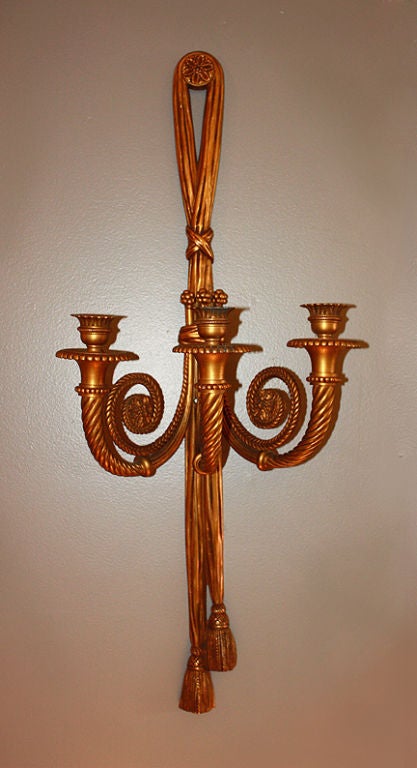 French Maison BAGUES, Important pair of Gilt Bronze Wall Candle Sconces