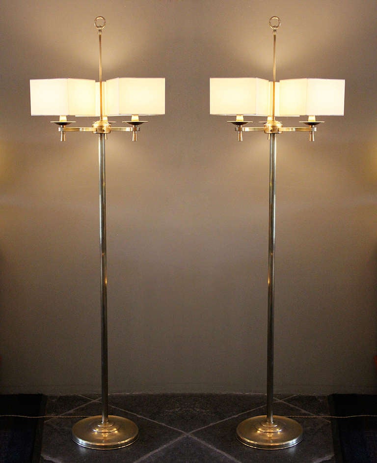 Stunning pair of Art Deco bronze floor lamps from the prestigious Prince de Galles hotel in Paris, France, circa 1940.
We purchased all of the lighting available taken from this historic hotel in the 198's when they were remodeling. A pair of these