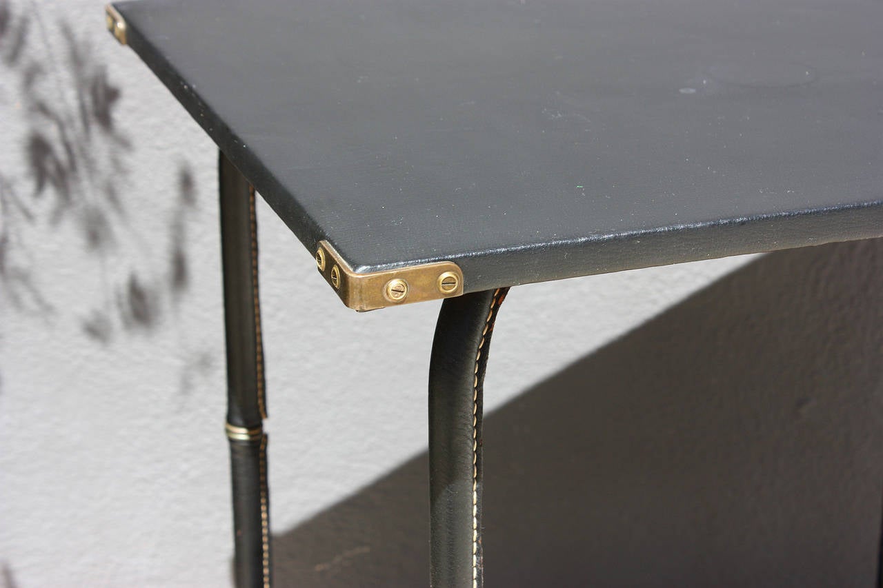 French Jacques Adnet Black Leather Cart Table, 1960