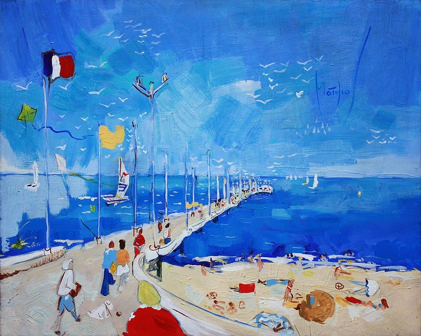 Gregoire MATHIAS, Born 1967<br />
<br />
Original Painting from this French painter whose work generated market value very early in his career.<br />
Acrylic, oil and collage on canvas depicting the the Arcachon bay in the South West Coast of