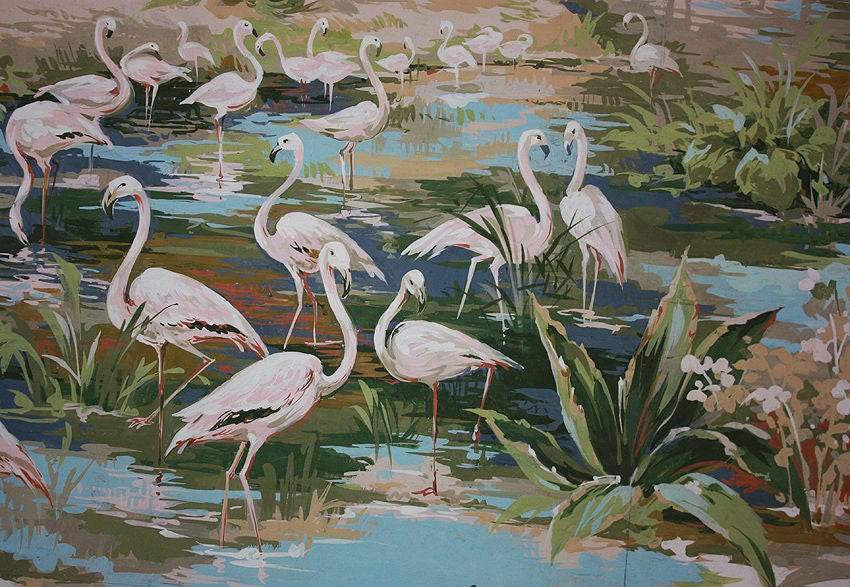 Dies ist ein sehr großes und wichtiges Gemälde von Richard Vigneux, das Flamingos in einer exotischen Bucht zeigt.
Dieses Werk trägt den Titel 