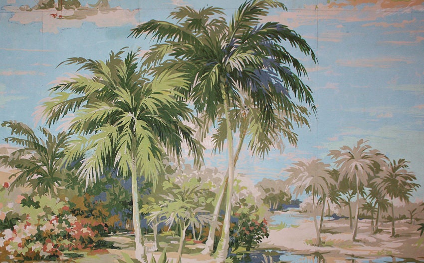 Grande peinture orientale du milieu du siècle dernier de Richard Vigneux, « Flamants » 1967 État moyen - En vente à Encino, CA