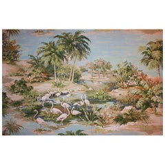 Large Oriental Painting by Richard Vigneux, "Flamingos"