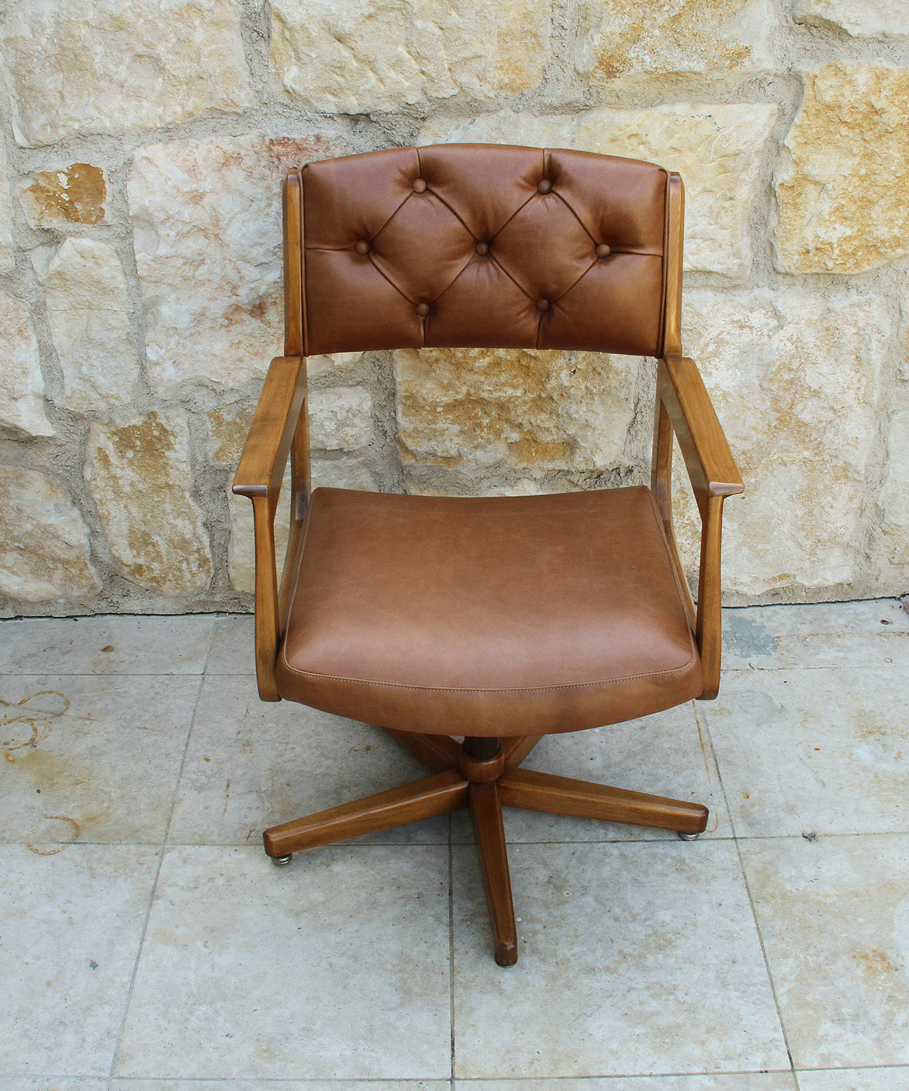Mid-20th Century Pair of Leather Swivel Visitor Chairs, France, circa 1950s
