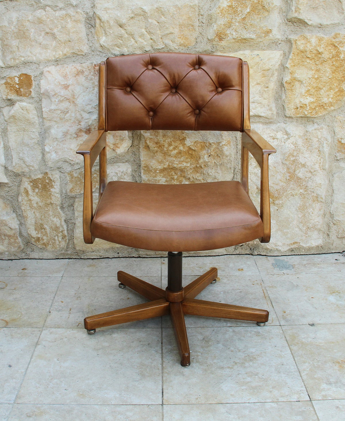 Beech Pair of Leather Swivel Visitor Chairs, France, circa 1950s