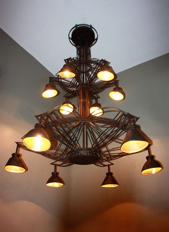 Extremely large 7,7 foot by 5,9 foot Parisian wrought iron Art Nouveau Restaurant Chandelier from La Maison du Telegraphe in Paris, France. The metal work of this piece is extraordinary - this quality of work is extremely rare and typical of  the