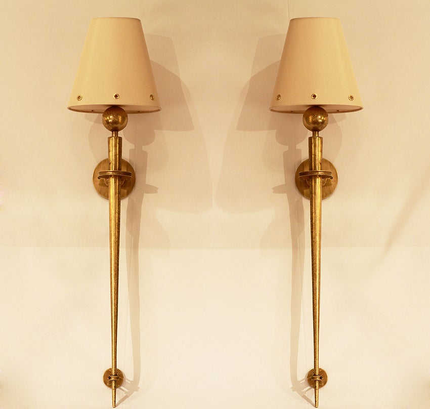 1940 Art Deco Pair of Bronze Torcher Sconces