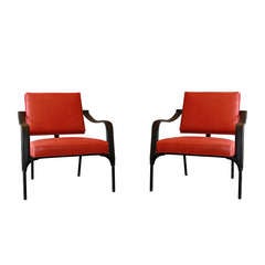 Jacques Adnet, Pair of Red Leather Lounge Chairs, France, Circa 1955