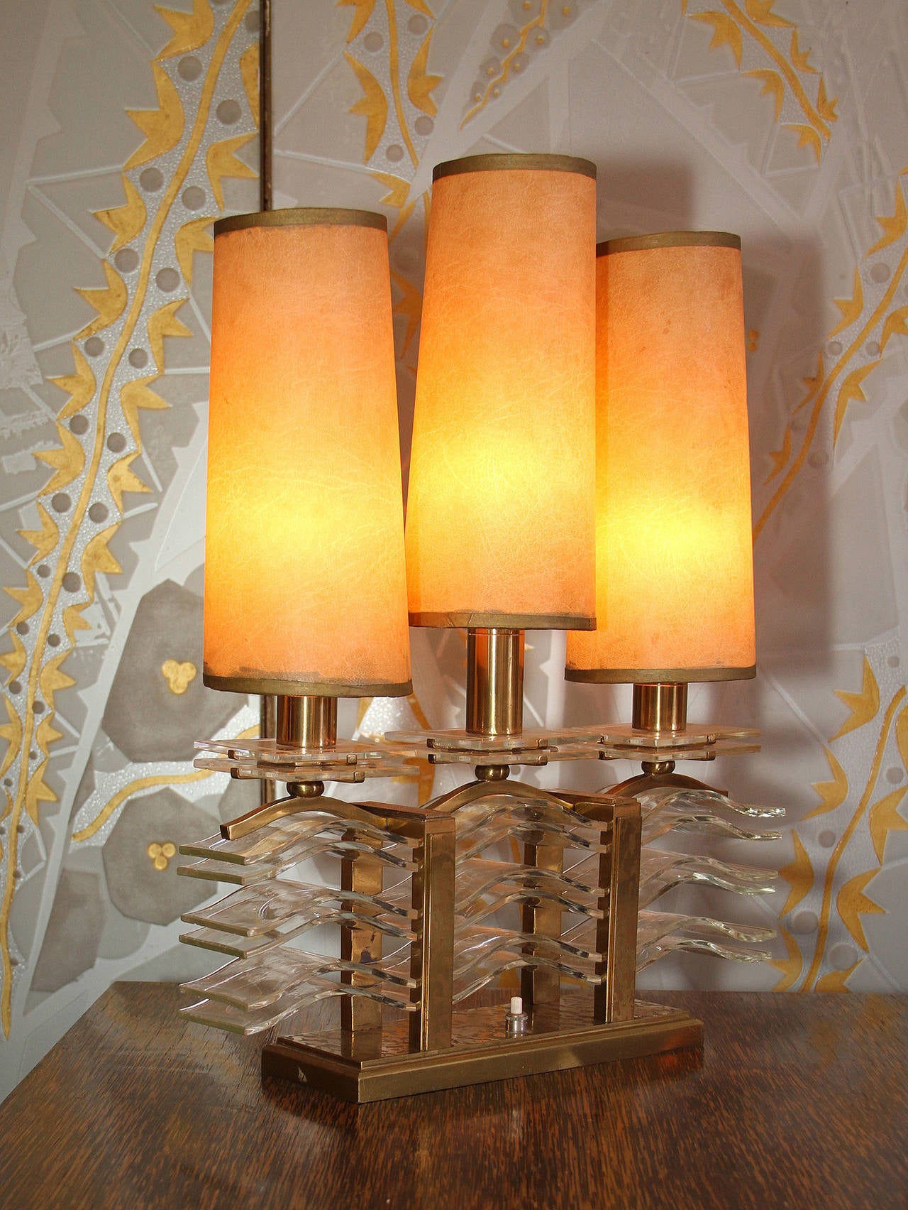 French Spectacular Pair of Oxidized Bronze and Glass Table Lamps by Sabino