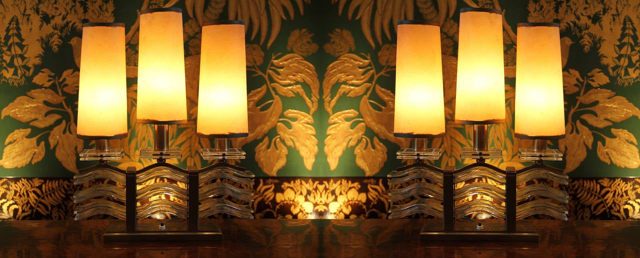 Spectacular Pair of Oxidized Bronze and Glass Table Lamps by Sabino In Excellent Condition In Encino, CA