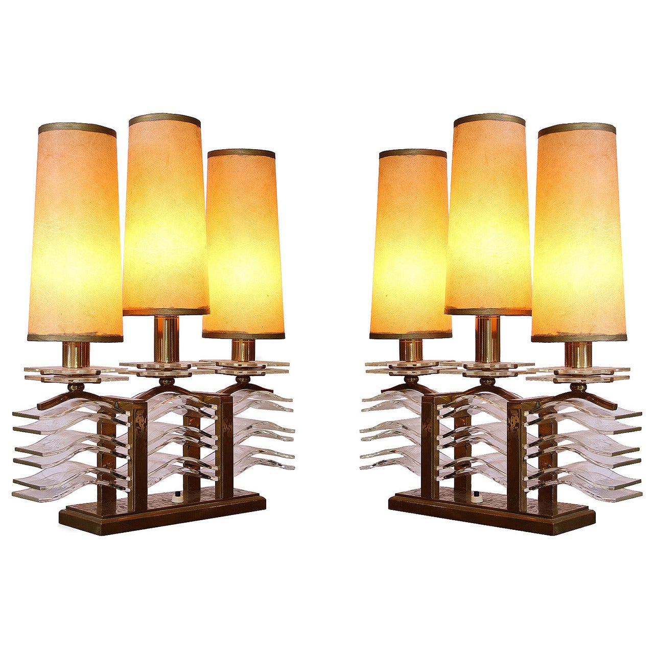 Spectacular Pair of Oxidized Bronze and Glass Table Lamps by Sabino