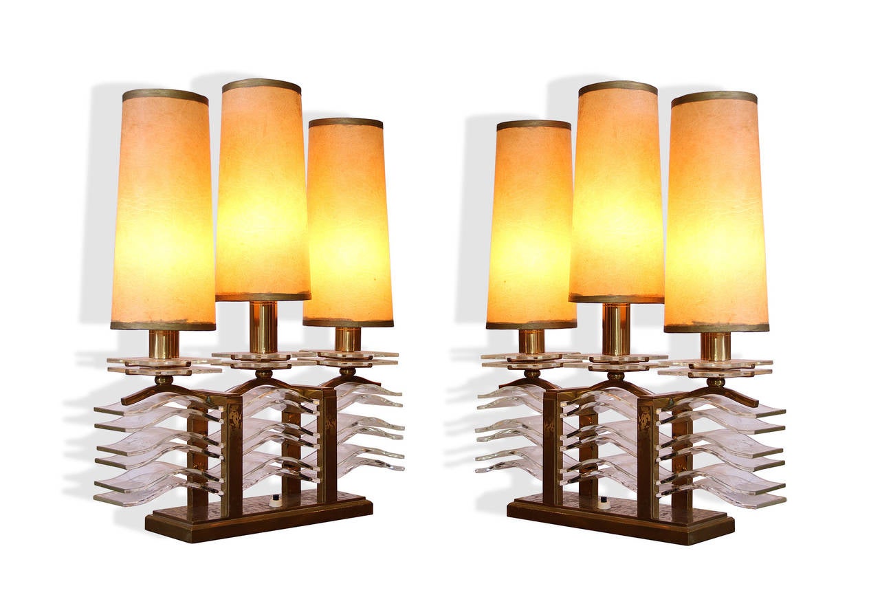 Brass Spectacular Pair of Oxidized Bronze and Glass Table Lamps by Sabino