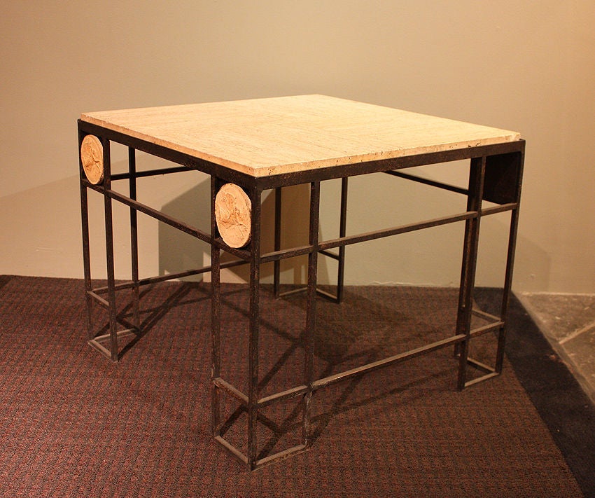 French Pair of Travertine and Iron Coffee Tables, France, 1950