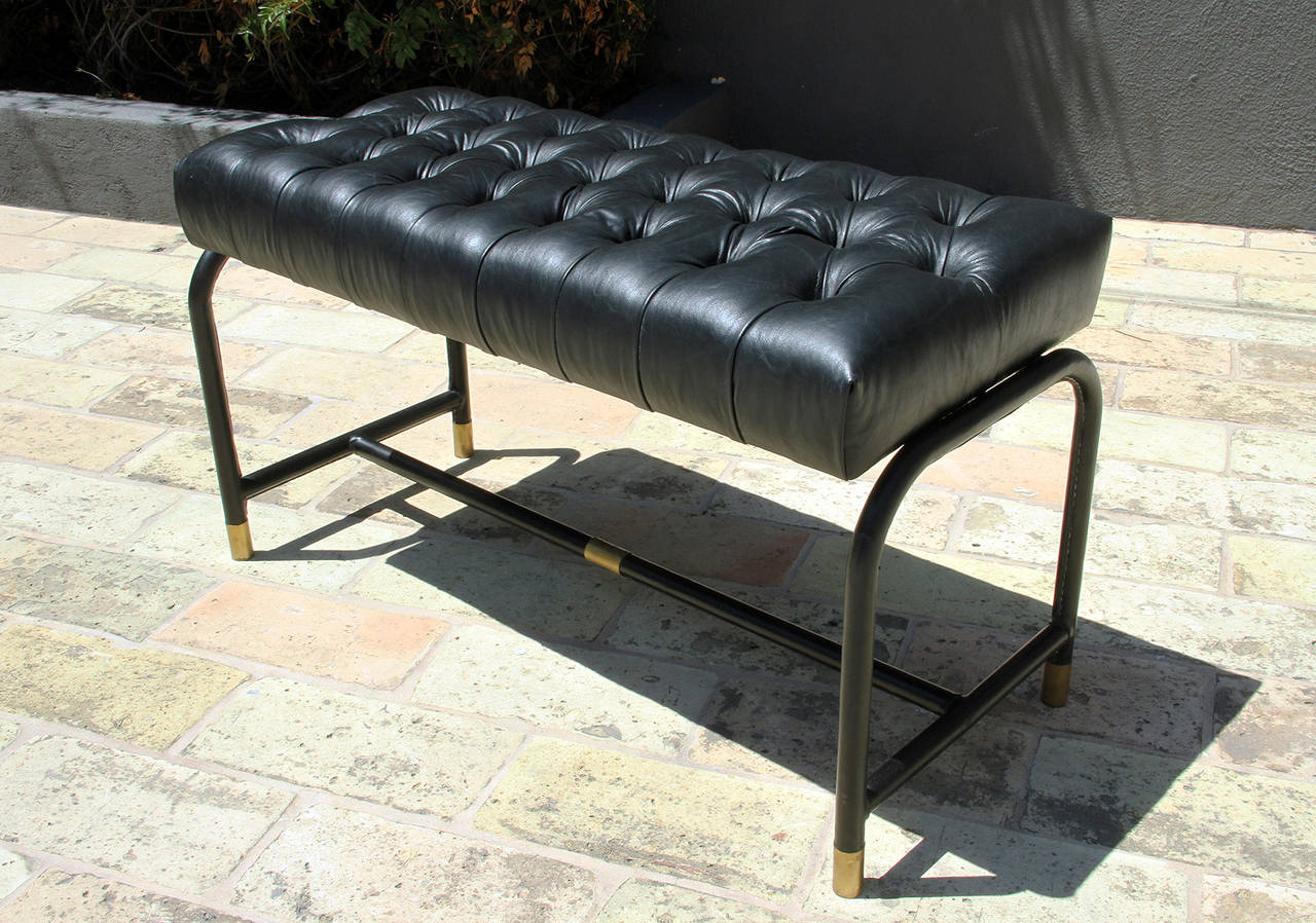 French Jacques Adnet Style Leather and Brass Bench